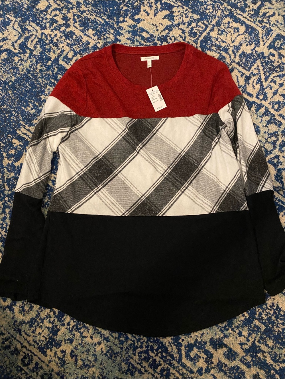 Maurices Red and Black Plaid Colorblock Top